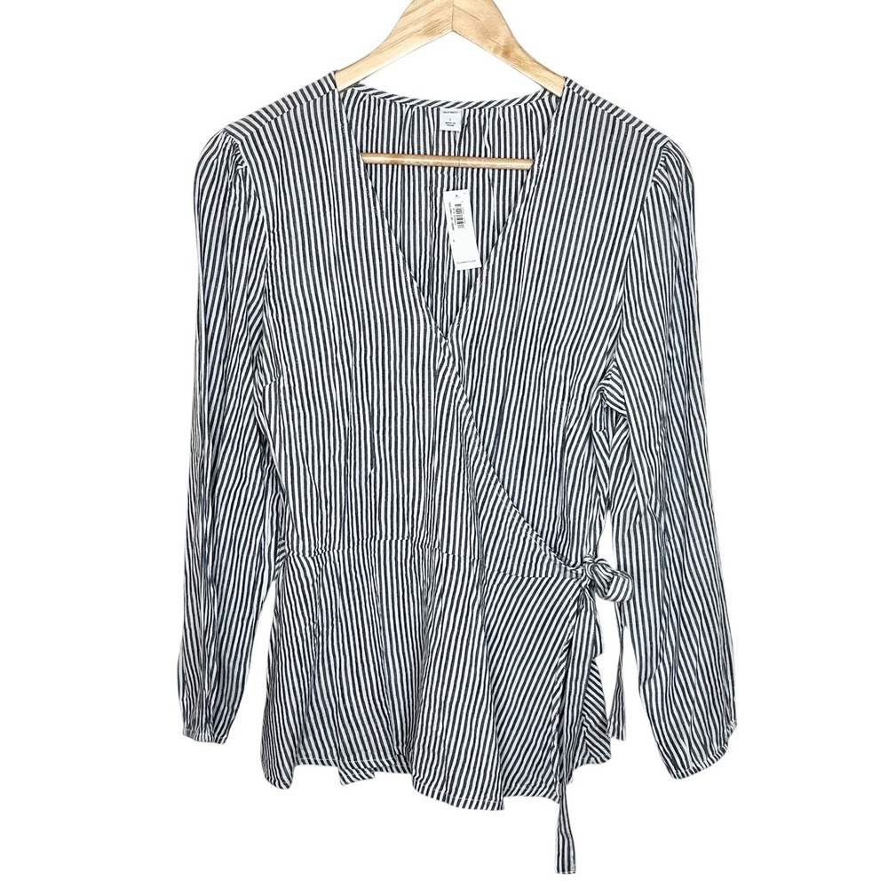 Old Navy Striped Wrap Top Black White Womens Size L Nautical Preppy Long Sleeve